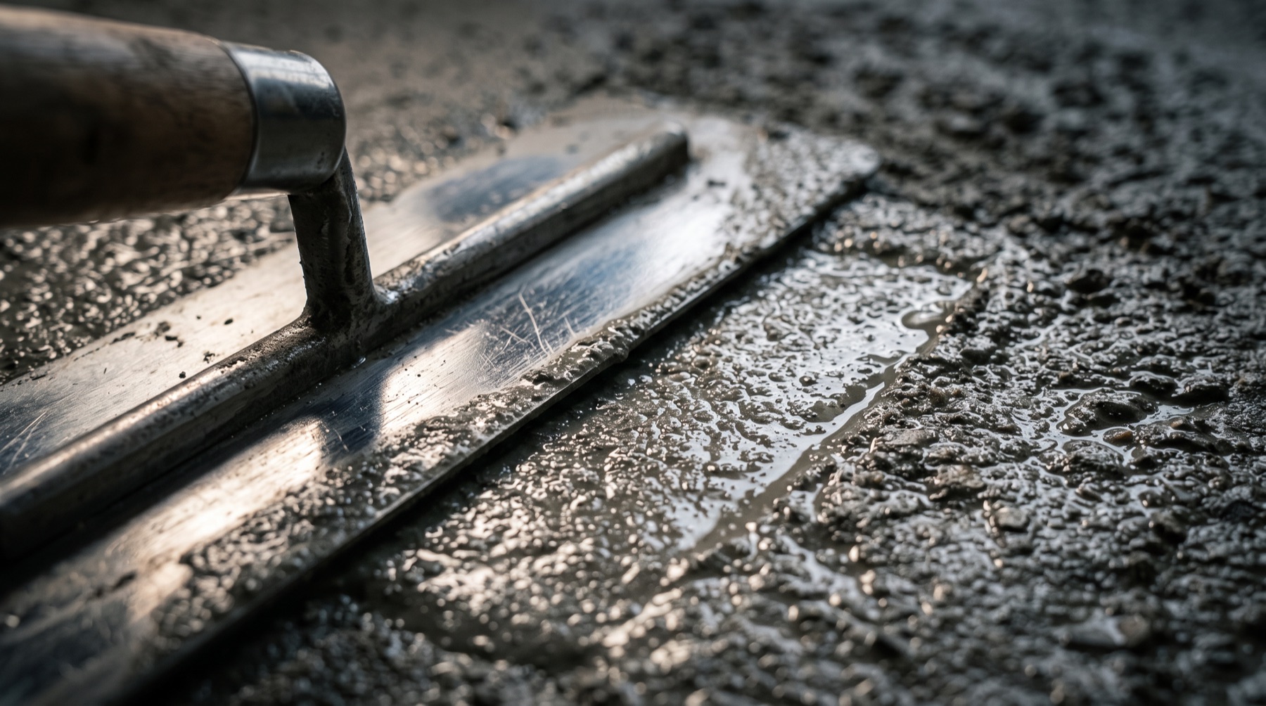 Close-up of a trowel finishing smooth concrete