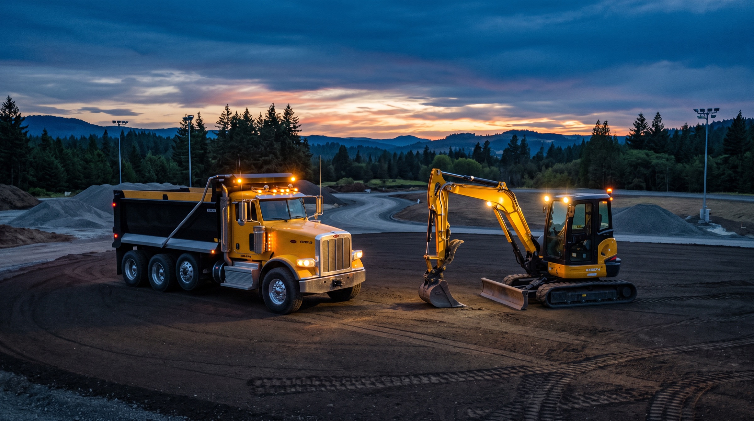 Super 10 dump truck and mini excavator at dusk