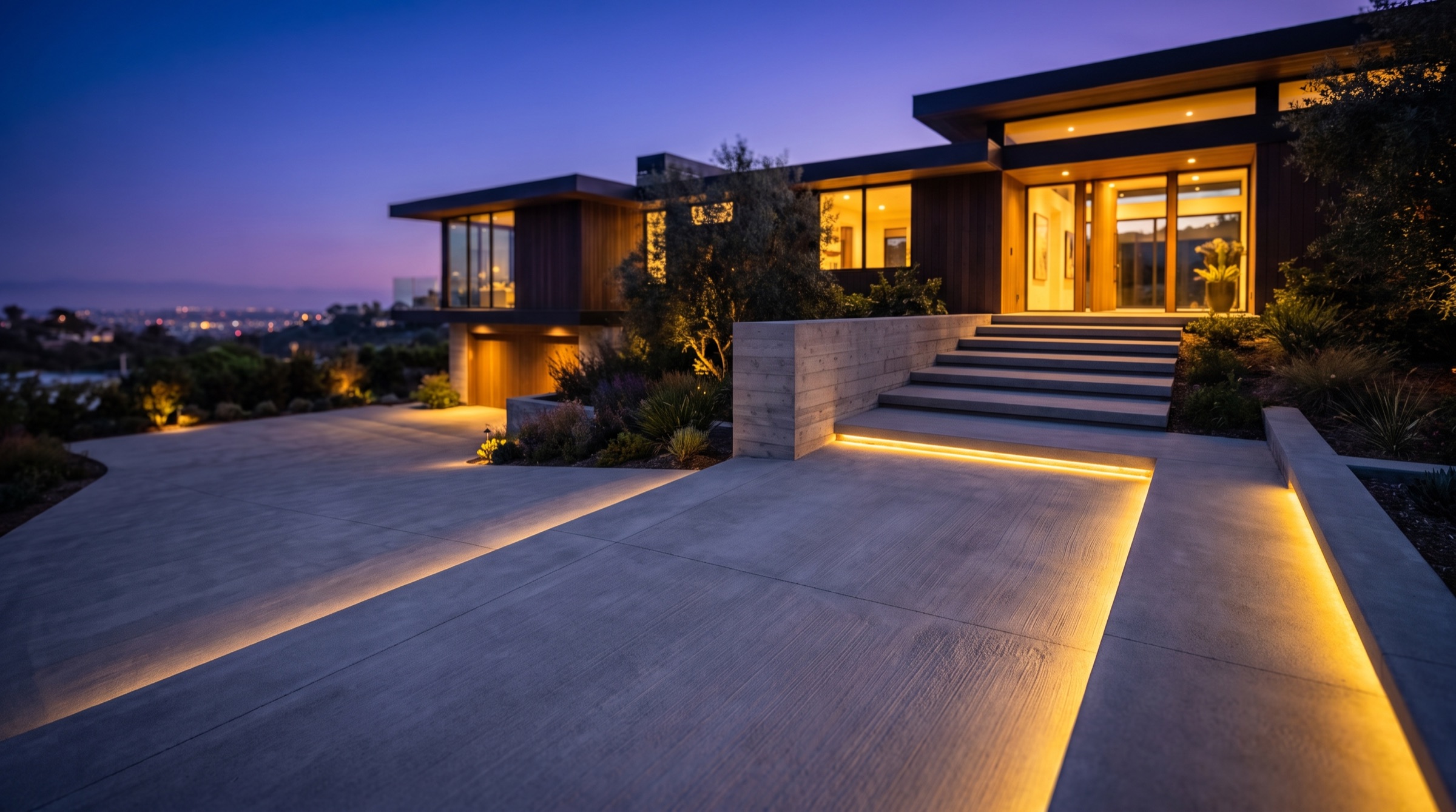 Modern San Diego hillside home at dusk with a finished concrete driveway and lit entry steps