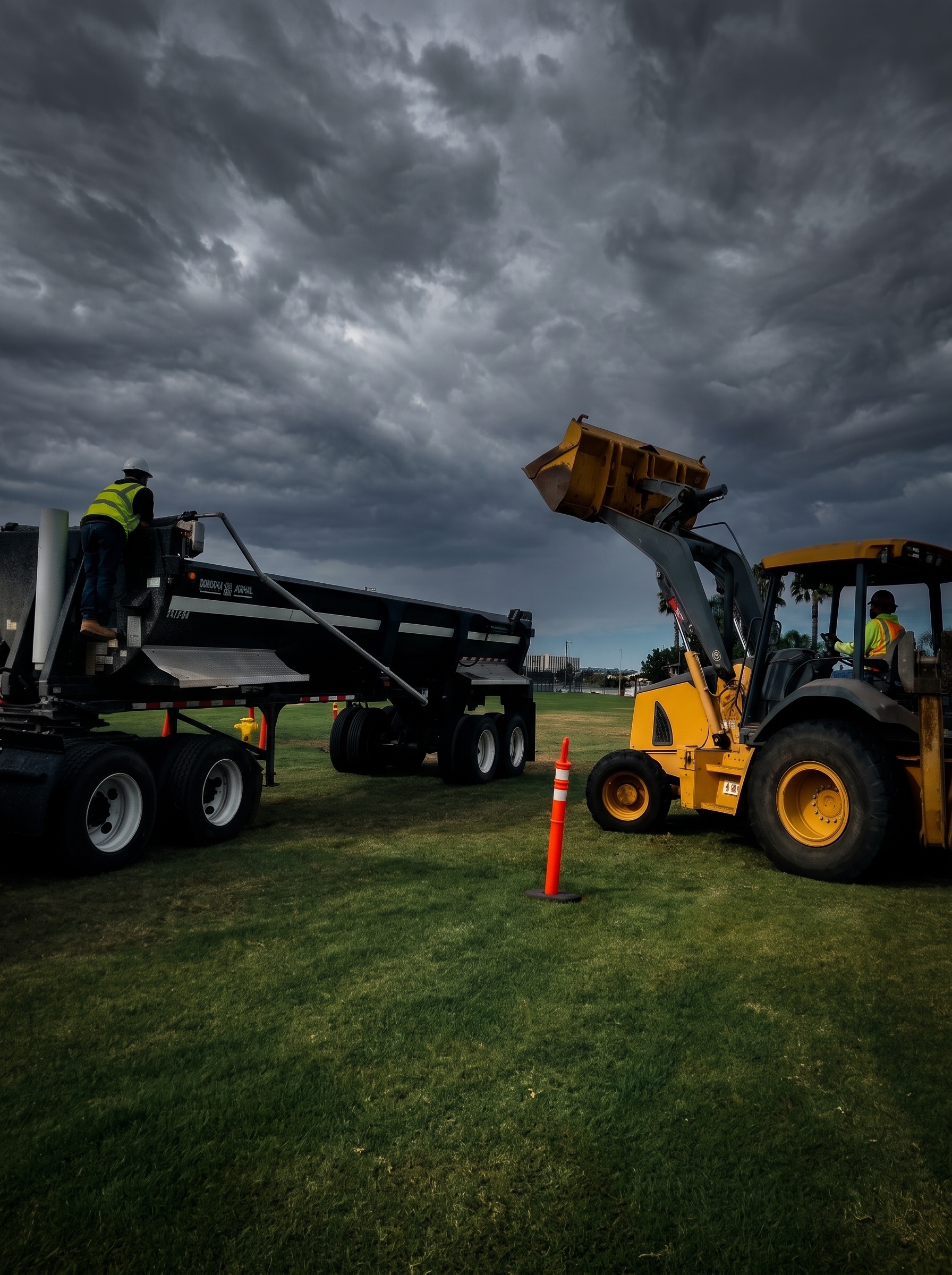 San Diego Concrete Guy dump truck and loader on a job site under dramatic skies